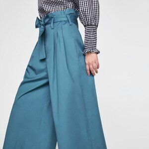 Zara Woman XS Teal‎ Paperbag Wide Leg Pant Tie Belt Minimalist Chic Summer Vaca